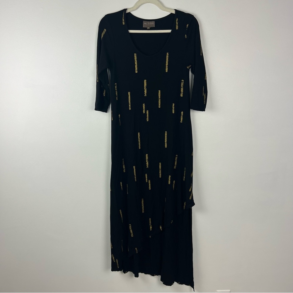 Bel Kazan Asymmetric Hem Maxi Dress Black Gold Patterned Size Medium